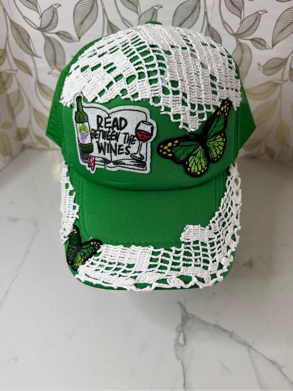 Green Butterfly Crochet-Trim Baseball Cap with Wine Patch by